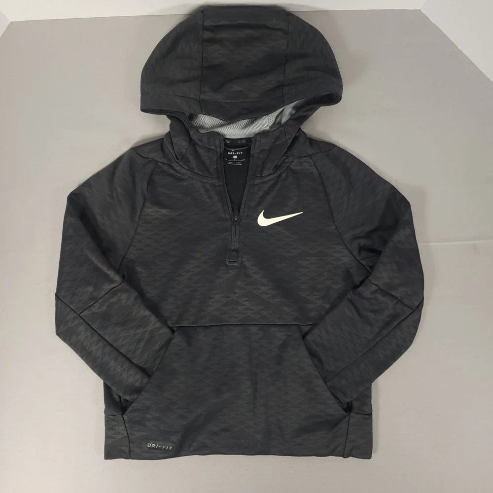 Nike Kids Dri-FIT Quarter Zip Hoodie Black Geometric Diamond Pattern Small S